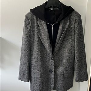 Zara Gray Herringbone Blazer with Black Hooded Layer